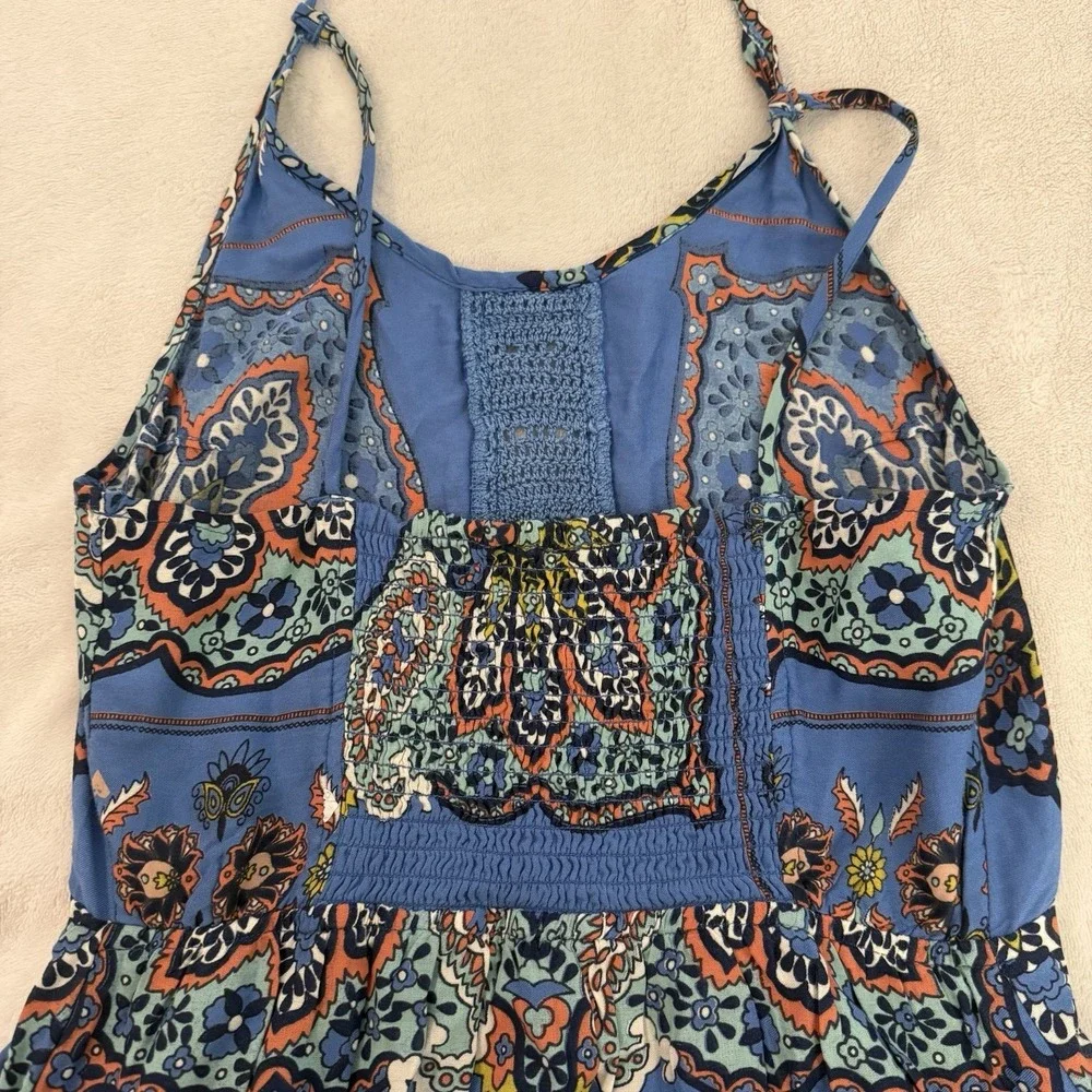 Roxy Crochet Halter Mini‎ Dress Size XS Blue Multi Beachy Boho Summer Pockets